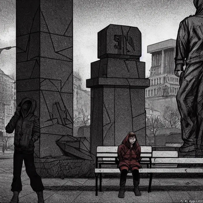 Image similar to sadie sink in hoodie sits on bench in ruined square, pedestrians walk by, soviet monument and propaganda posters. storyboard, scifi cyberpunk. by gabriel hardman. cinematic atmosphere, detailed and intricate, perfect anatomy