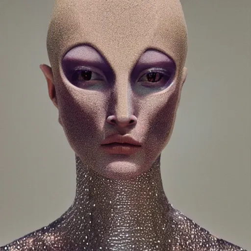 Prompt: a muted colors natural portrait photograph of an extraterrestrial alien model, editorial story, Vogue Italy, editorial photography
