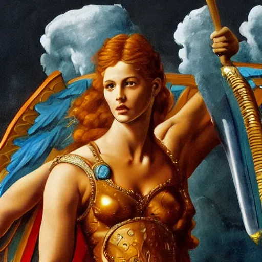 Prompt: very detailed painting of a cinematic still of a powerful beautiful valkyrie, holding a golden sword in her hand, dramatic clouds, painted by michelangelo, the painting is considered the most beautiful in the world