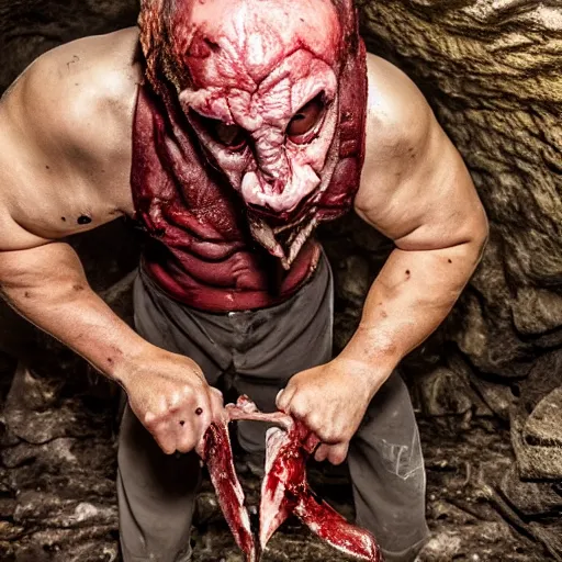 Image similar to big butcher man posing scarily, scary angry pose, cleaver, earie setting, in a dark cave, horror, hyperdetailed