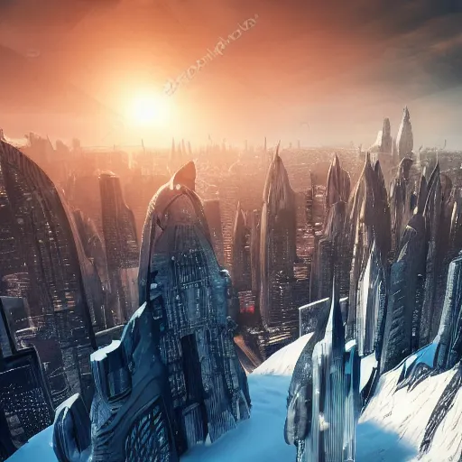 Prompt: batman standing on top of a snowy mountain top and looking down on a futuristic city, 4 k