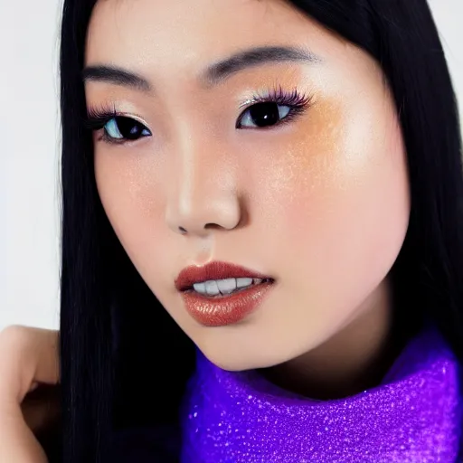 Image similar to close up portrait photography of beautiful asian female model wearing balaclava and golden neckkace, purple and blue futuristic light