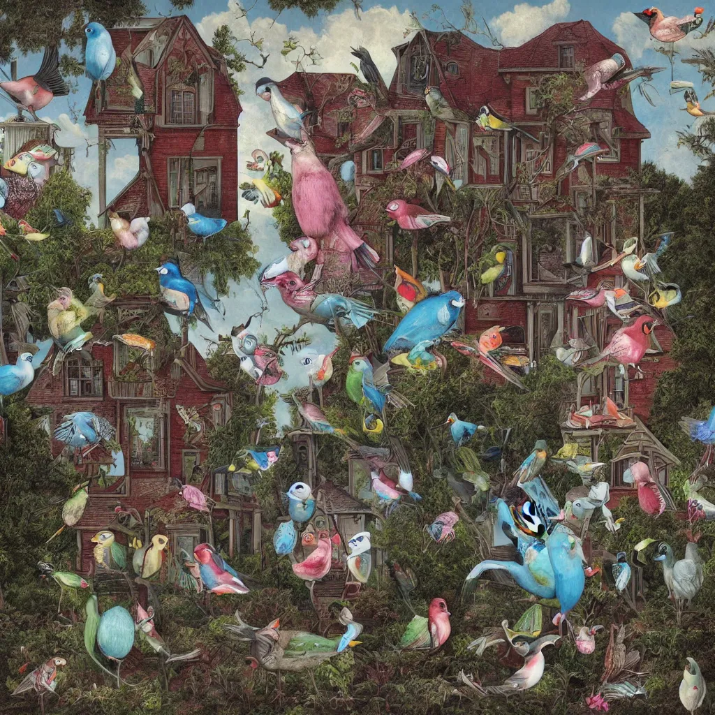 Image similar to anamorphic birds walking past a house, lowbrow surrealistic, in the style of Mark Ryden,