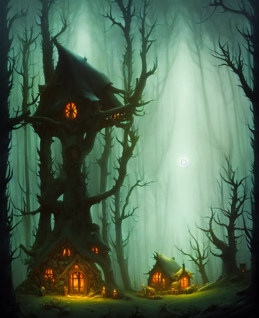 Image similar to a witches cabin in a dark forest, by peter mohrbacher