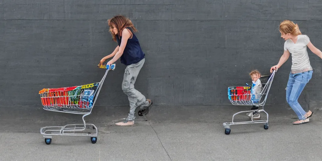 Prompt: homeless mother pushing a shopping cart with a child riding in it, in front of a blank wall