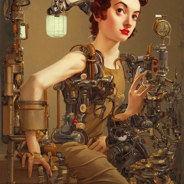 Image similar to robot artist painting a self - portrait on a canvas. intricate, highly detailed, digital matte painting, in the style of alexandros pyromallis, and in the style of sachin teng, and in the style of hans thoma, and in the style of gil elvgren. irony, recursion, inspiration, steampunk.