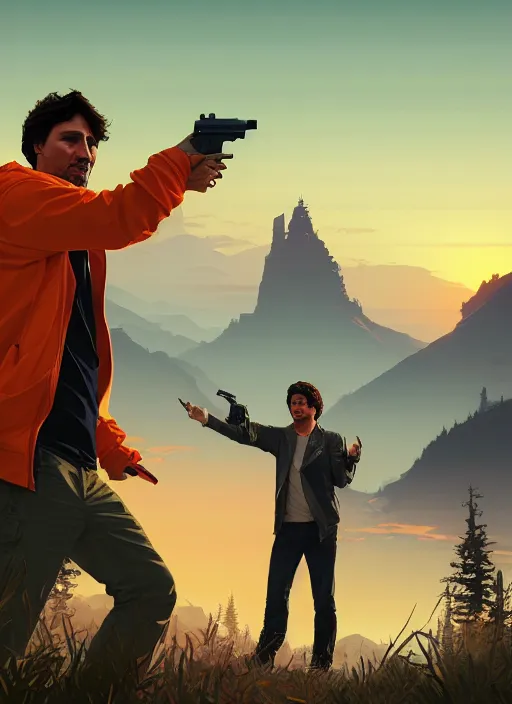 Image similar to highly detailed portrait justin trudeau in ( ( orange hoody ) ) holding handgun! in gta v stephen bliss unreal engine fantasy art by greg rutkowski loish rhads ferdinand knab makoto shinkai lois van baarle ilya kuvshinov rossdraws tom bagshaw global illumination radiant light detailed intricate environment