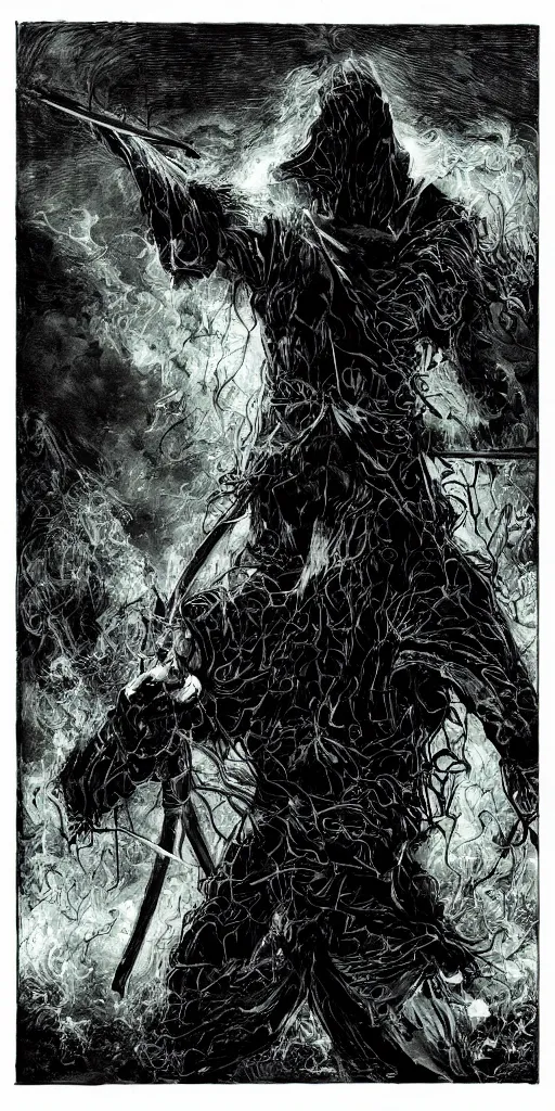 Image similar to a man with a missing an arm holding a spear made of green fire wearing a leather cloak fighting a bad guy made of black smoke, full body, dark colors, sinister atmosphere, dramatic lighting, cinematic, establishing shot, extremely high detail, photo realistic, cinematic lighting, pen and ink, intricate line drawings, by Yoshitaka Amano, Ruan Jia, Kentaro Miura, Artgerm, post processed, concept art, artstation, matte painting, style by eddie mendoza, raphael lacoste, alex ross,