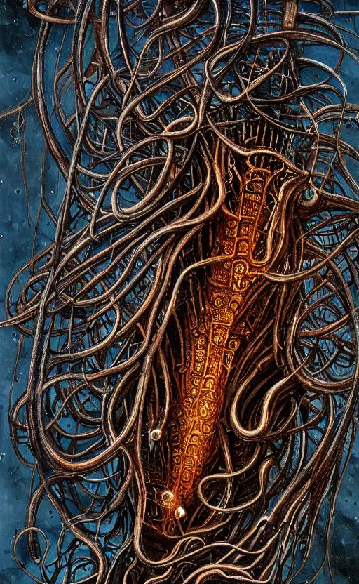 Prompt: beautiful painting of bone-masked rusty siphonophores around a balinese submerged architecture in the style of Welder Wings and H. R. Giger. Dark background, detailed, trending on Artstation