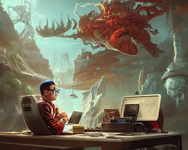 Image similar to an insanely detailed painting of a nerdy asian man wearing a superhero costume, sitting at a desk, staring at the nervously at the computer and typing, in the style of peter mohrbacher, dramatic lighting and composition, surreal background, octane render, pixar, trending on artstation, concept art, comic book, view from behind