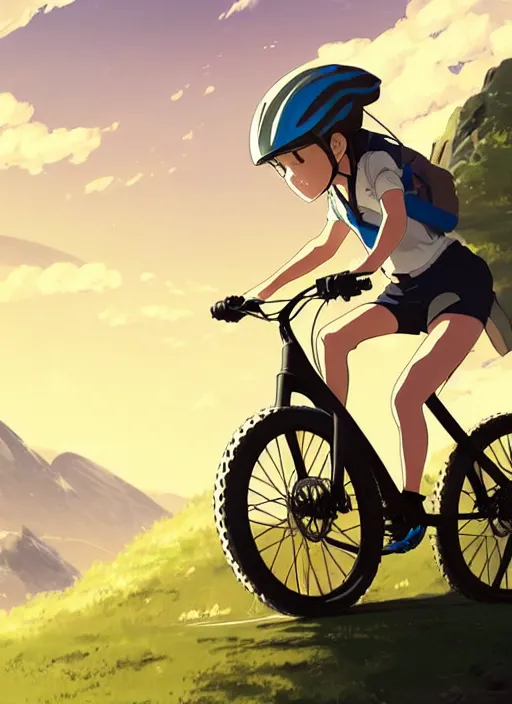 Prompt: portrait of girl riding electric mountain bike, sunny sky background, downhill landscape, illustration concept art anime key visual trending pixiv fanbox by wlop and greg rutkowski and makoto shinkai and studio ghibli and kyoto animation, symmetrical facial features, sports clothing, mountain bike helmet, volumetric lighting