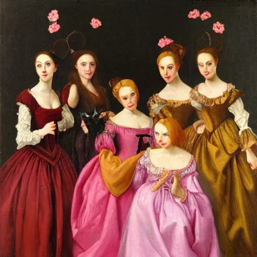 Image similar to group of skinny female artist wearing renaissance dresses, pink and gold flowers in the style of realism, renaissance oil painting, tonalism, rococo, manga