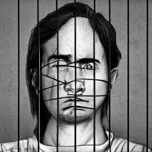 Image similar to sad prisoner holding ipad, prison cell, photorealistic, frustrated expression, dark mood, hopelessness, gloomy