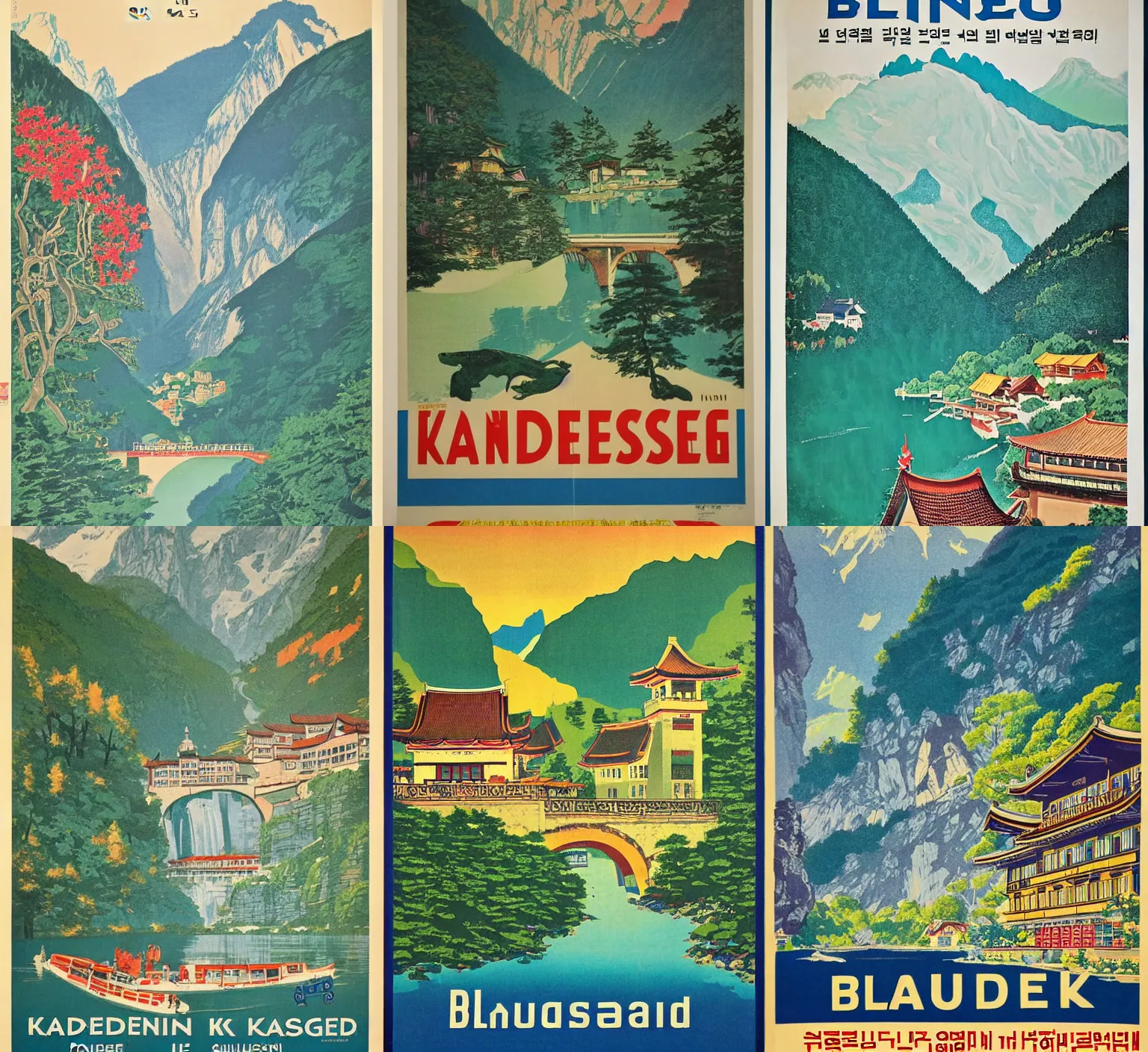 Prompt: Vintage Korean travel poster for Blausee (블라우제) Kandergrund Switzerland