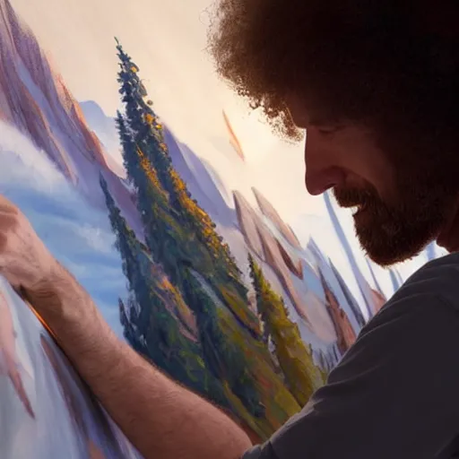 Image similar to a closeup photorealistic photograph of bob ross working on a canvas painting of captain america. happy trees, mountain scape. film still. brightly lit scene. this 4 k hd image is trending on artstation, featured on behance, well - rendered, extra crisp, features intricate detail, epic composition and the style of unreal engine.