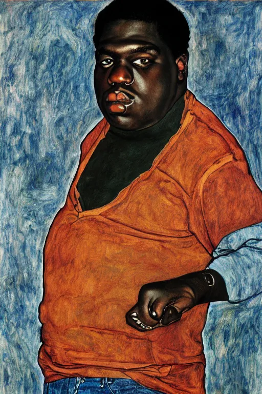 Image similar to a portrait of biggie smalls pointing an uzi toward the viewer by egon schiele, masterpiece, hyperdetailed, complex, intricate, old school, 9 0 s, 4 k, trending on artstation