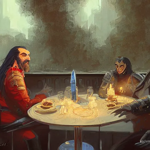 Prompt: klingon sitting at outdoor table at vintage paris cafe, digital painting, greg rutkowski, john howe.