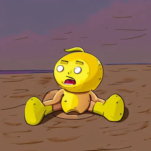 Image similar to a lemon cartoon character, that is muscular, is relaxing on a beach, inspired by dalle - 2