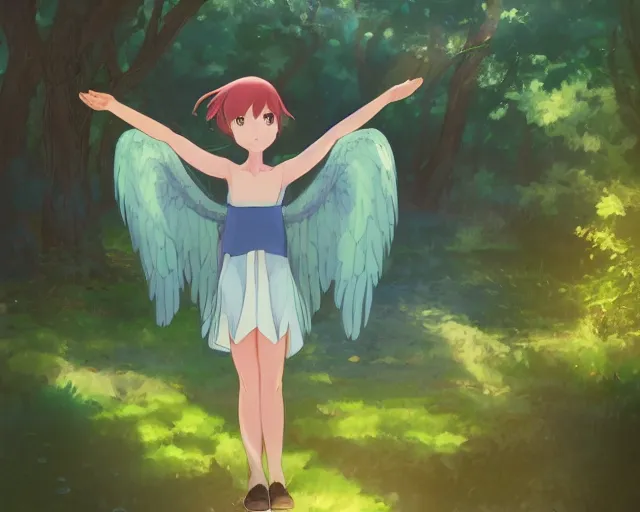 Image similar to a girl with two wings on her back in a forest. She has TWO wings on her back!!! Angel! Two blue wings!!By Makoto Shinkai, trending on ArtStation, digital art.