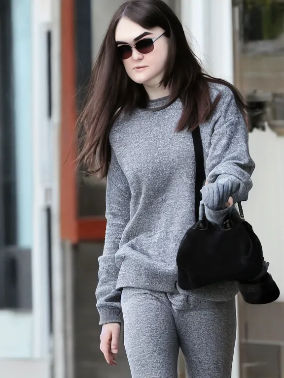 Image similar to sasha grey wearing comfy sweater and ski pants