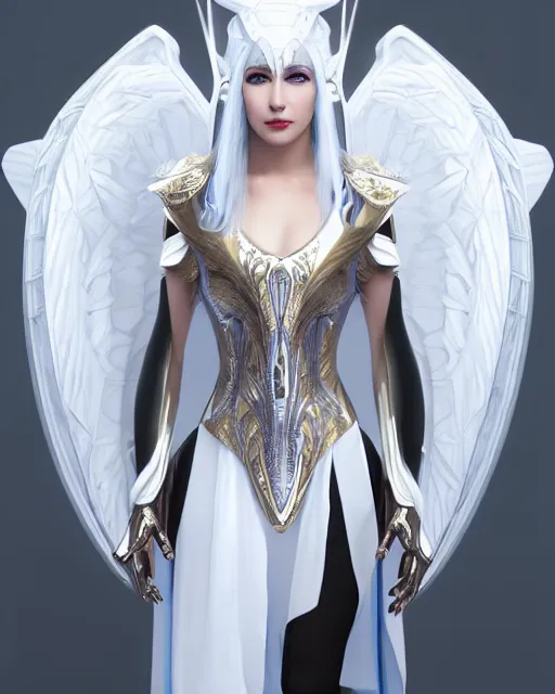 Image similar to perfect white haired egyptian goddess wearing white dove wings, warframe armor, regal, attractive, ornate, sultry, beautiful, ice queen, half asian, pretty face, blue eyes, detailed, scifi platform, 4 k, ultra realistic, volumetric lighting, illuminated, cinematic, masterpiece, art by akihito tsukushi, voidstar