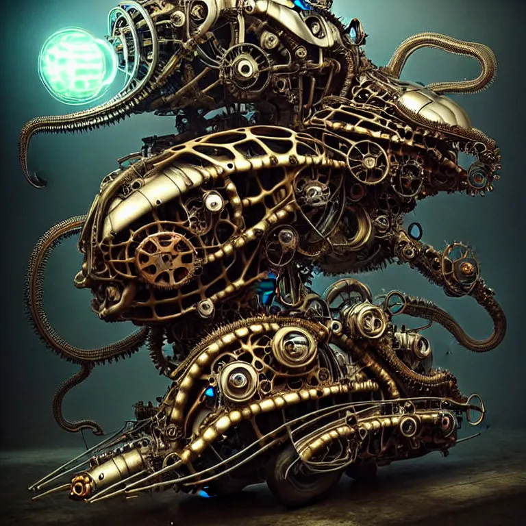 Prompt: biomechanical shiny steampunk vehicle reminiscent of very fast sportscar and octopus and (glowing) lights parked in ancient lush palace, gothic and baroque, brutalist architecture, ultradetailed, creepy ambiance, fog, artgerm, giger, Intricate by Ellen Jewett and Josan Gonzalez and Giuseppe Arcimboldo