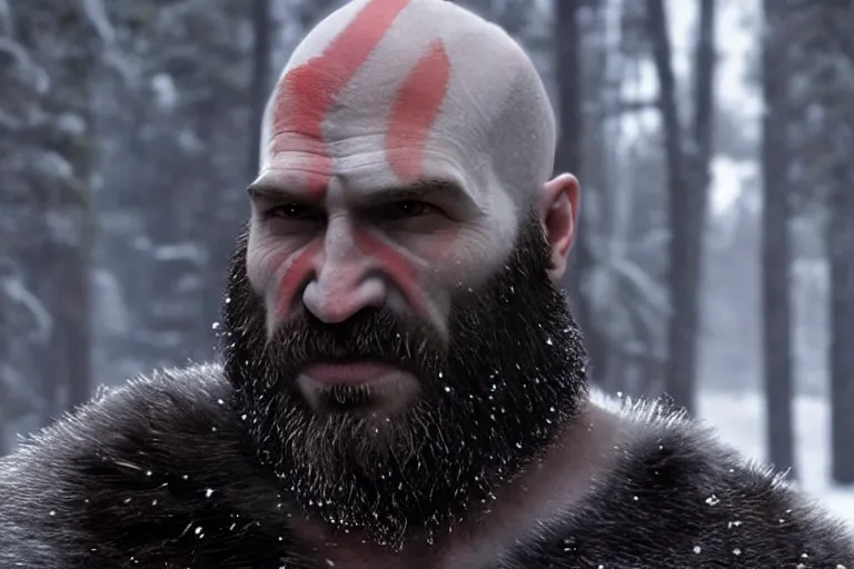 Image similar to vfx movie live action god of war closeup, natural grizzled skin, tough bald man in furs, grey beard, in snowy tahoe by emmanuel lubezki