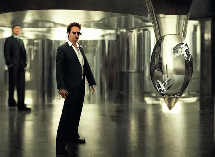 Prompt: film still of Robert Downey Jr as Cobb with the world bending as a series of mirrors in the background in Inception, 4k