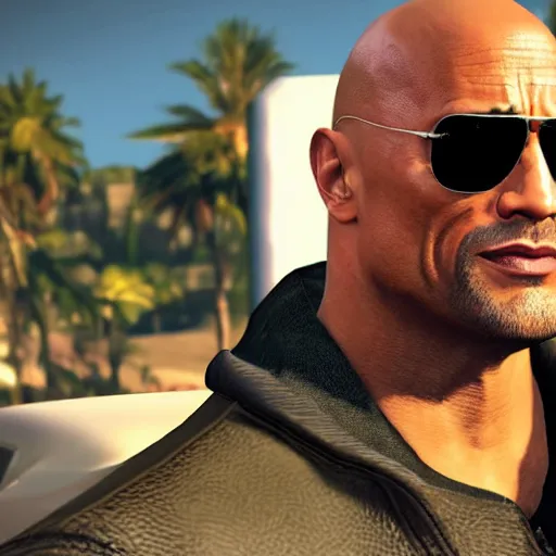 Prompt: Dwayne Johnson wearing sunglasses, GTA5 artwork