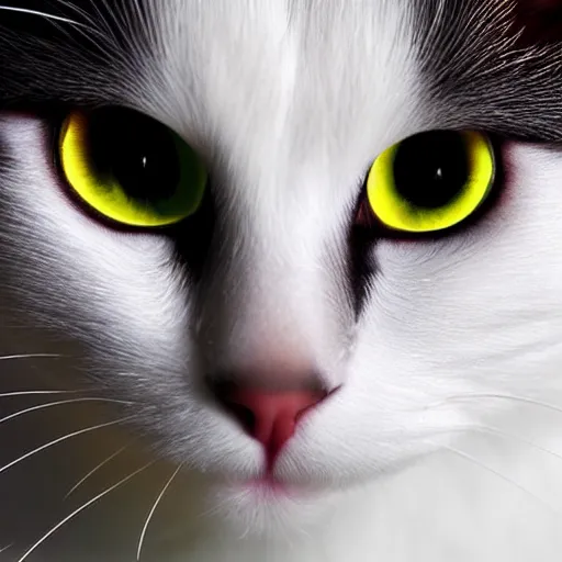 Image similar to a white cat, glowing inferno eyes,black background, hyper realistic