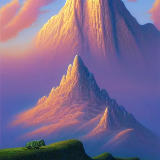 Prompt: mountains in the sky, by Tim Hildebrandt outrun trending on artstation