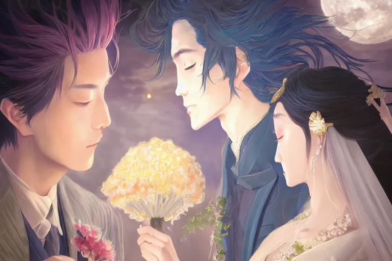 Image similar to a dreamlike portrait of wedding close up moment of a divine a japan sun god and moon goddess lovers magician at a wedding banquet. highly detailed, digital painting, fantasy wedding screen, 8 k realistic, hyper detailed, by makoto shinkai and akihiko yoshida and hidari and wlop