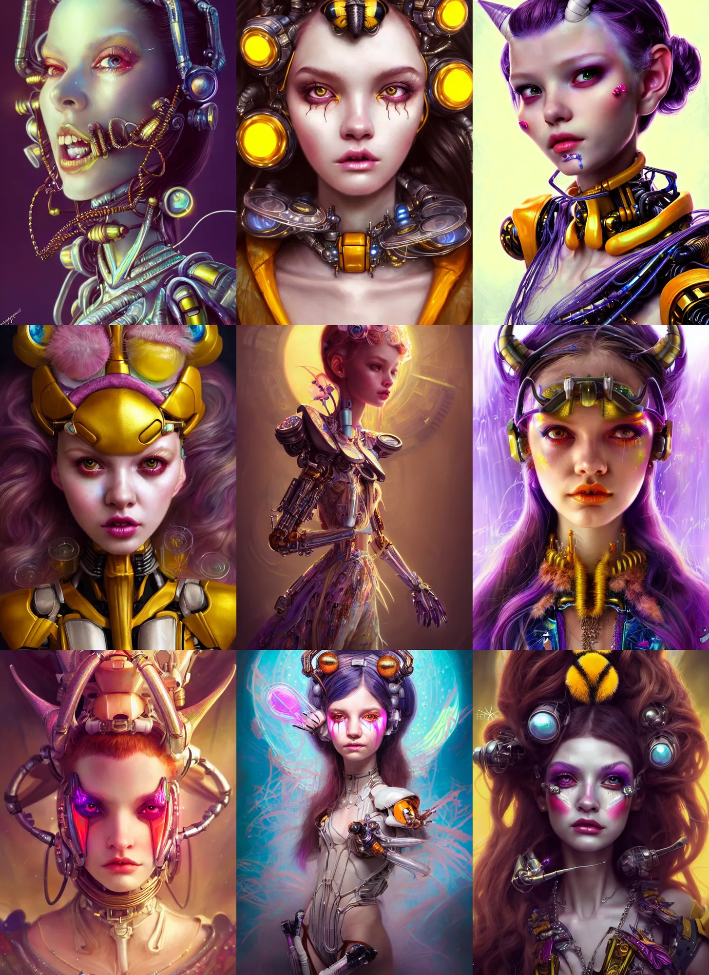 Prompt: disney weta portrait, soft lustrous biotech raver white clowncore bumblebee chain cyborg, hi - fructose, sci - fi fantasy cyberpunk intricate decadent highly - detailed digital painting, ever after high, octane render, artstation, concept art, smooth, sharp focus, illustration, art by artgerm, mucha, loish, wlop