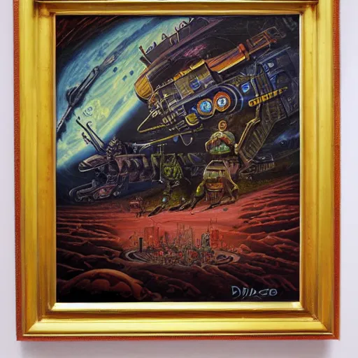 Prompt: the dirdir, jack vance, planet of adventure, mike mignogna, highly detailed, vintage dark sci fi, oil painting