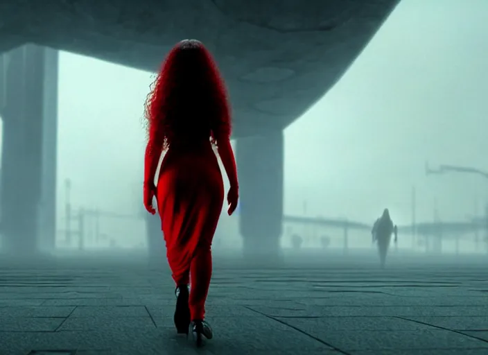 Prompt: a young cyberpunk woman with red with long curly hair wearing glasses, walking out of a the havens gate, extreme detailed face, film still from the movie directed by Denis Villeneuve with art direction by Zdzisław Beksiński, wide lens