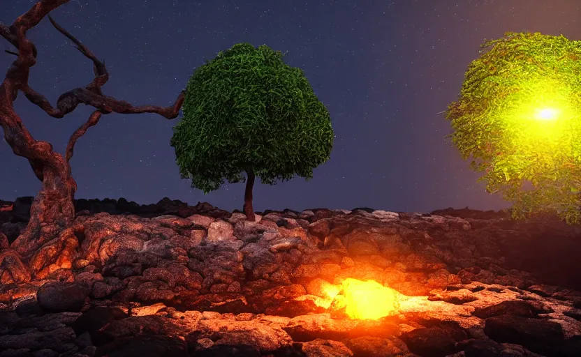 Image similar to photorealistic tree nade of lava. night. lens flare. light fixtures. 8K. detailed. photorealism. artstation. matte painting. 25mm f/1.7 ASPH Lens. ultra realistic