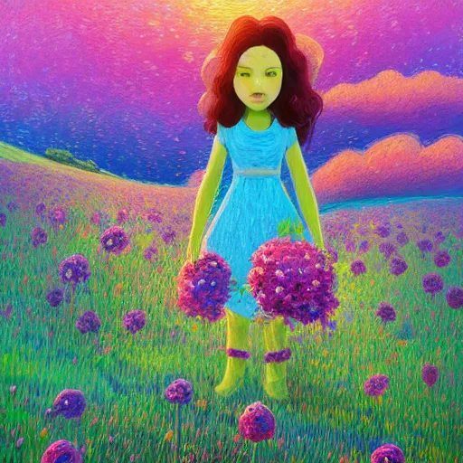 Image similar to girl with giant flower as a face and flower dress, standing in a flower field hills, big trees, sunrise dramatic light, impressionist painting, colorful clouds, digital painting, pointillism, artstation, simon stalenhag