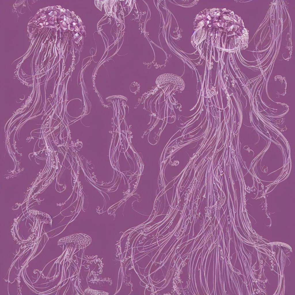 Prompt: purple dress design in the style of rococo,Victorian era,jellyfish element,dreamy, soft,Backlight ,luminescence,highly detailed,8k