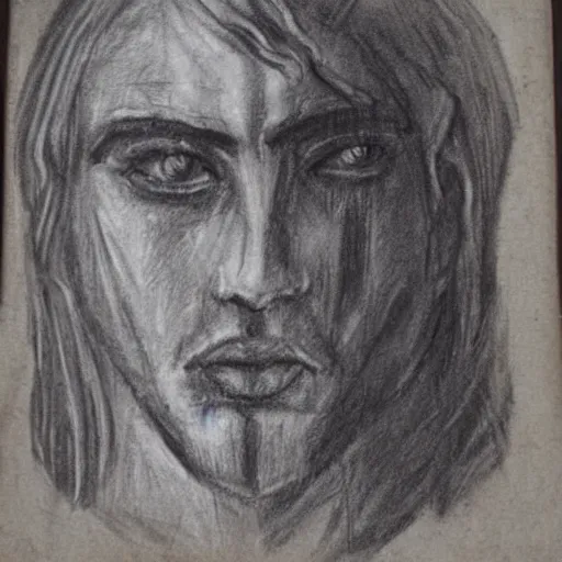 Image similar to 25 year old Mediterranean man, biblical clothing, scared, terrified, frightened, horrified, charcoal sketch