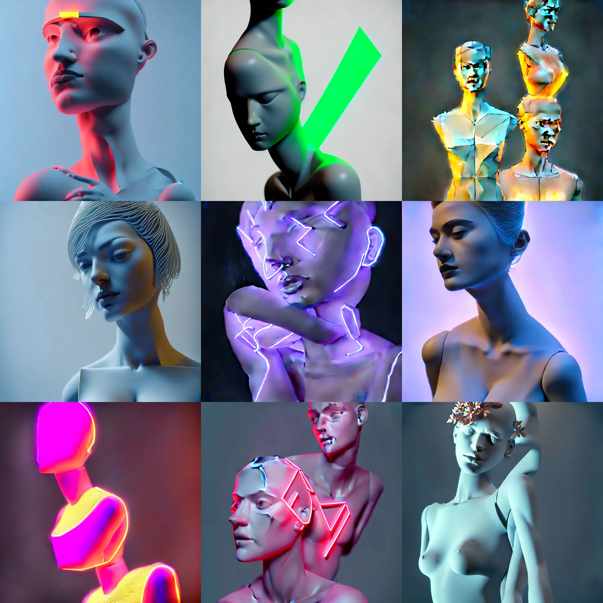 Prompt: beautiful mannequin sculpted by billelis + lit with 3 d geometric neon, holding geometric neon cubed hosta flowers!!!, rule of thirds, clean linework, dramatic, award winning, confident, moody, 4 k, trending on artstation, photorealistic, volumetric lighting, octane render