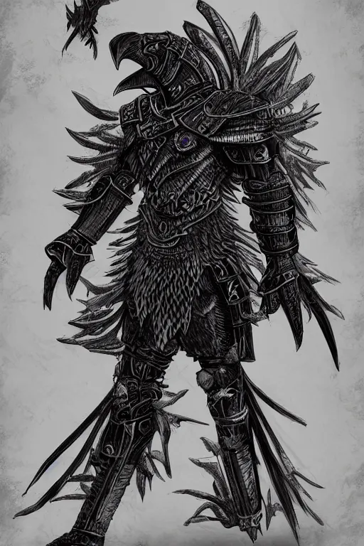 Image similar to armoured warrior crow monster, symmetrical, highly detailed, digital art, raven themed armour, sharp focus, trending on art station, kentaro miura manga art style