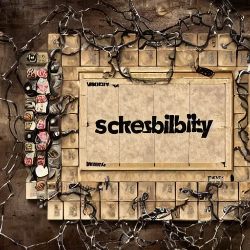 Image similar to gritty realistic scrabble board with pieces made out of metal and barbed wire with caution tape around the edges