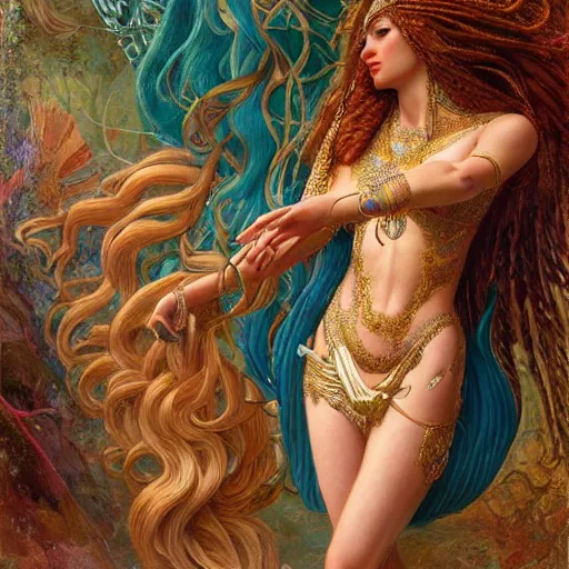 Image similar to artstation, intricate details, hyper details, by gaston bussiere and sandro botticelli, tan skin sumerian goddess inanna, lady of elche, egyptian sumerian features, techno mystic dominatrix goddess intergalactica, inanna with aqua neon rapunzel dreadlocks,