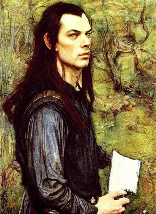 Image similar to a beautiful painting of elrond by John Everett Millais and Dante Gabriel Rossetti and John Collier and john william waterhouse, pre-raphaelite, detailed, trending on artstation, hd, masterpiece