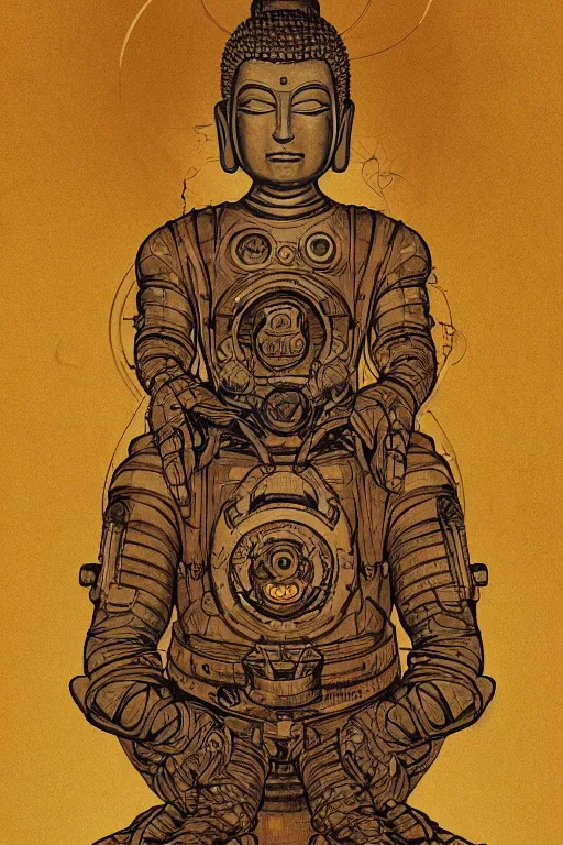 Prompt: a study of cell shaded cyborg robot astronaut buddha meditating in a lotus flower illustration, golden ratio, post grunge screen print poster, character concept art by N.C. winters, highly detailed, sharp focus, alien, Artstation, deviantart, artgem