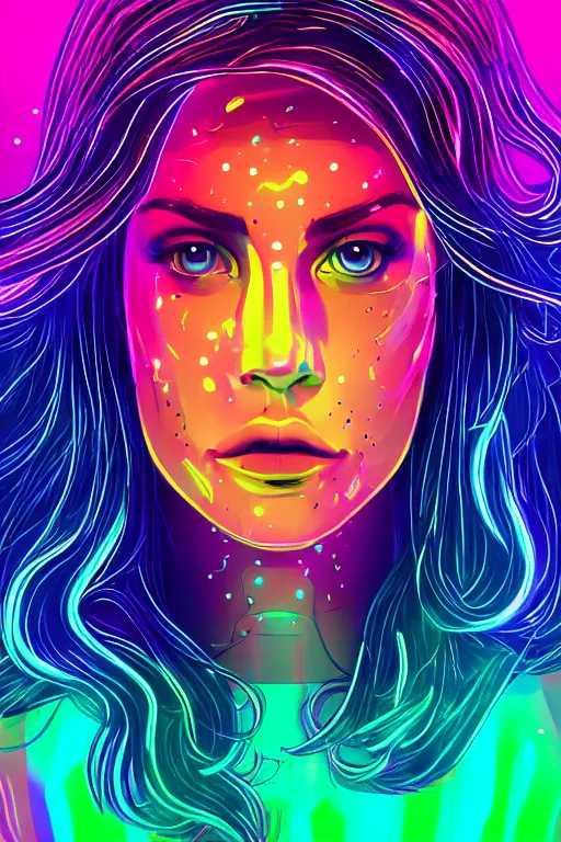 Prompt: a award winning half body portrait of a beautiful woman with stunning eyes in a croptop and cargo pants with smoke for hair in rainbow colors, outlined by whirling illuminated neon lines, outrun, vaporware, shaded flat illustration, digital art, trending on artstation, highly detailed, fine detail, intricate