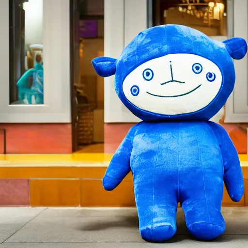 Image similar to blue'snappy gifts'human - sized plush doll, in new york, holding gift, happy atmosphere, high detail, soft lighting, 8 k