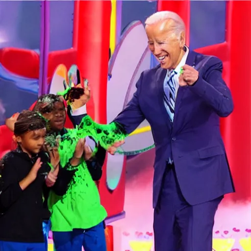 Prompt: joe biden getting slimed at the kids choice awards