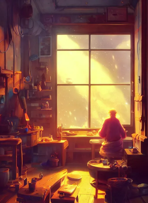 Image similar to beautiful interior of a cozy woodworker shop, james gilleard, delphin enjolras, goro fujita, makoto shinkai, paul lehr, exquisite lighting, octane render, very coherent, trending on artstation