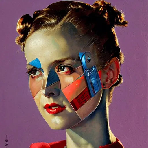 Image similar to portrait of a female android painted by Norman Rockwell and Sandra Chevrier